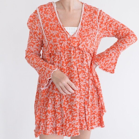 Free People  Like You Best Orange Flora Long Sleeve Mini Dress M - Picture 1 of 12